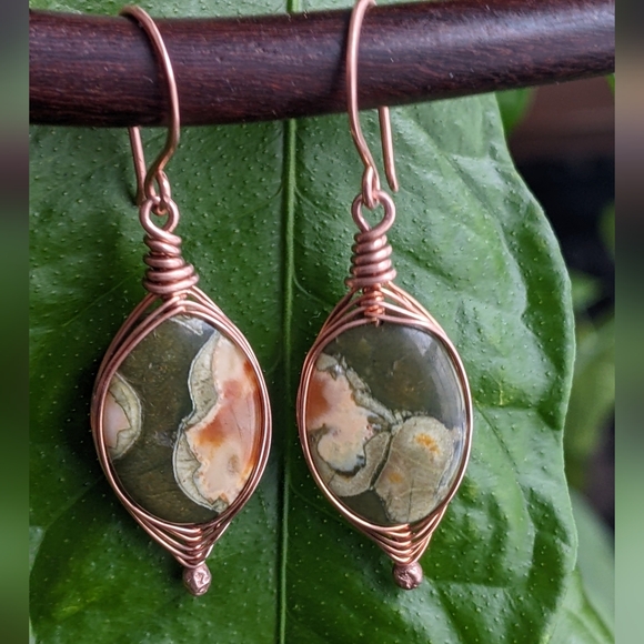 Exotic Rainforest Jasper Earrings Artisan Crafted Copper Jewelry - Picture 2 of 14